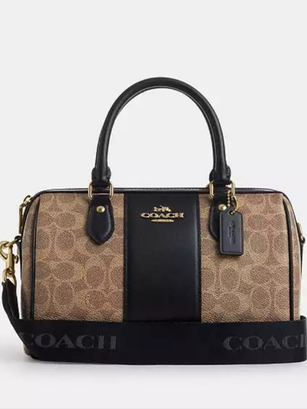 Coach Rowan Satchel Crossbody Bag Signature C Black Leather Stripe Gold CW376